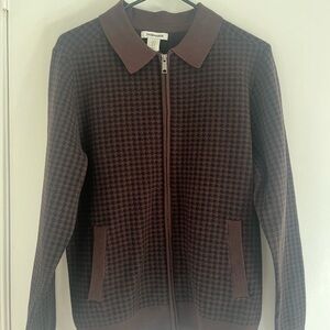 THOM AARON Men’s Zip-Up Grandpa Cardigan Sweater Houndstooth Brown/Black Size M